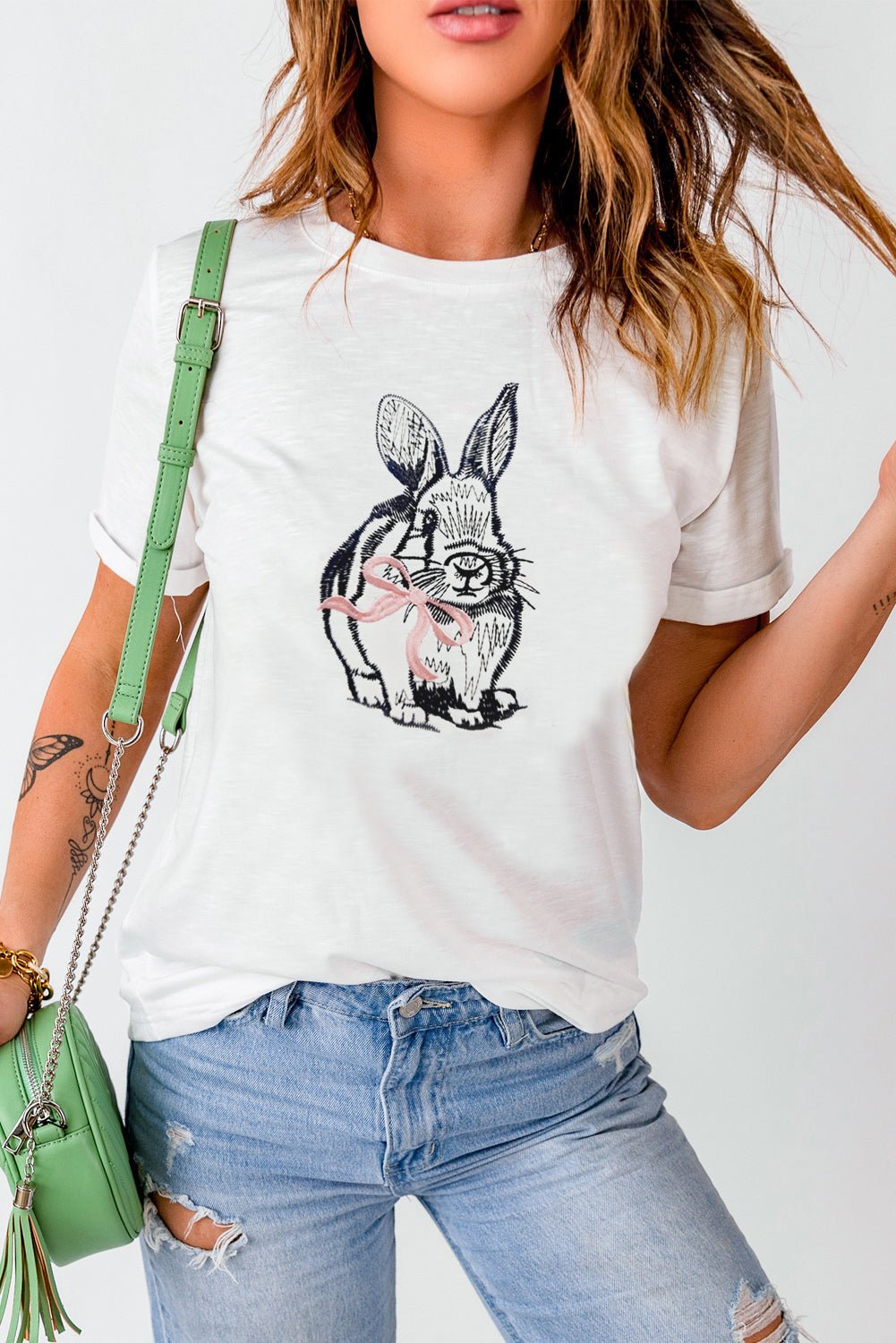 White Bunny Embroidered Bow Graphic Tee - Loving It Shop