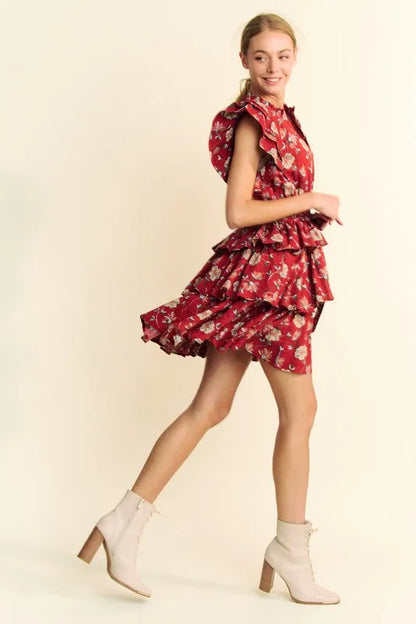 Davi &amp; Dani Ruffle Flutter Sleeve Tie Belt Tiered Mini Dress