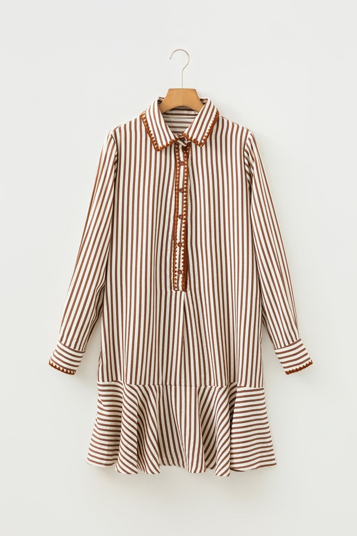 Khaki Stripe Shirt Collar Embroidered Trim Ruffle Hem Long Sleeve Mini Dress - Loving It Shop