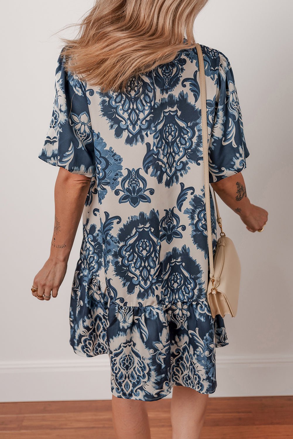 Blue Boho Floral Print Buttoned Collared Loose Fit Mini Dress - Loving It Shop