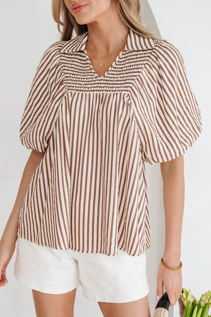Brown Stripe Shirred V Neck Short Puff Sleeve Blouse