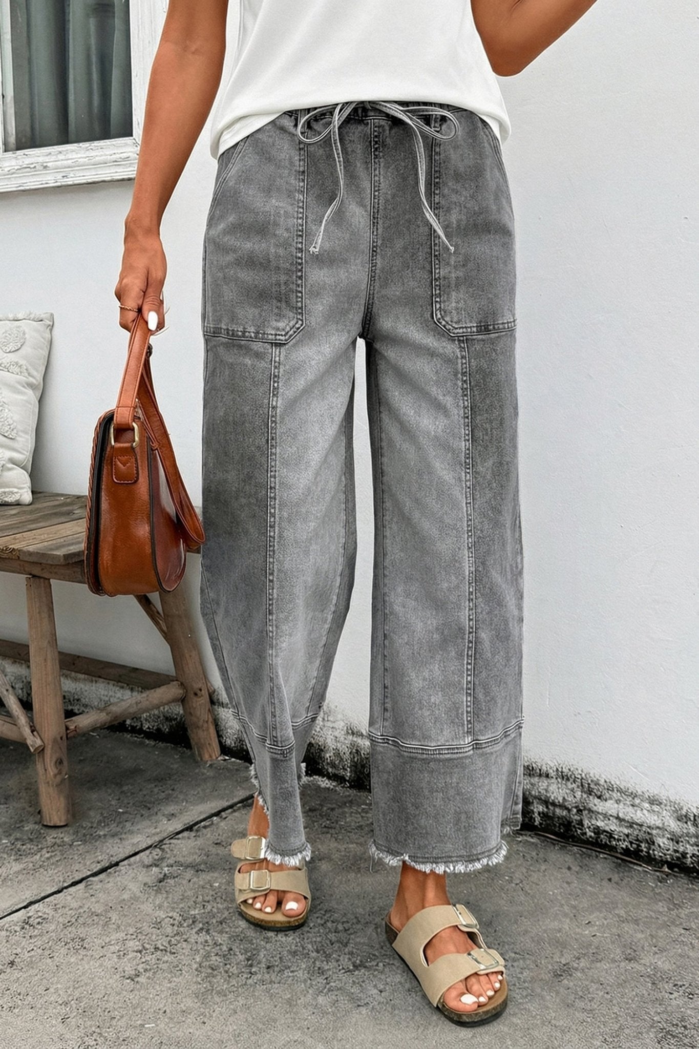 Gray Drawstring Seam Detail Raw Hem Wide Leg Denim Pants - Loving It Shop
