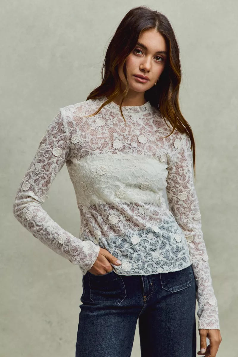 Lace Long Sleeve 3d Effect Floral Layering Top
