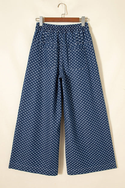 Sky Blue Polka Dot Print Button Pleated Detail Wide Leg Jeans - Loving It Shop