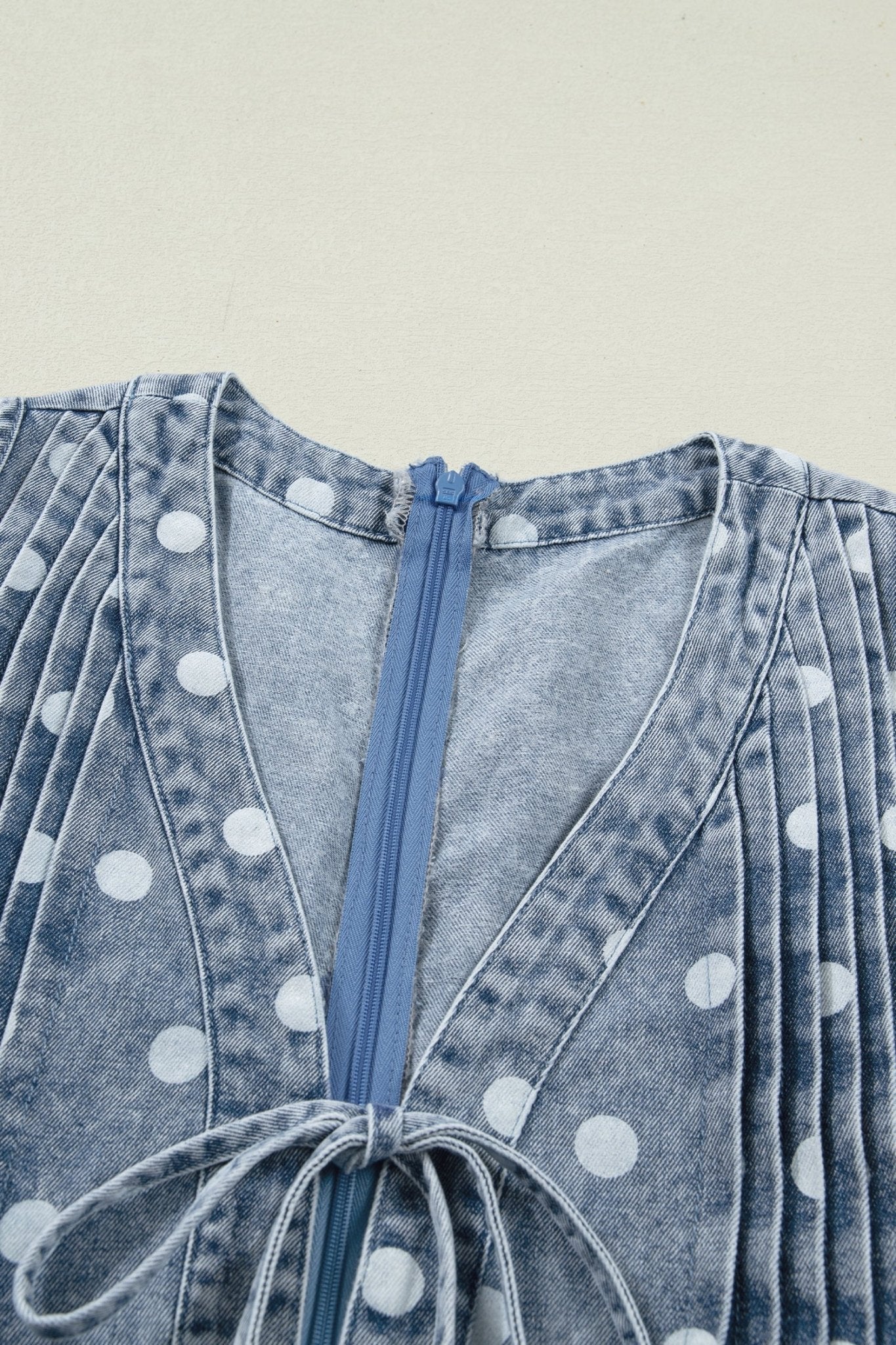 Sky Blue Polka Dot Print Tie V Neck Pleated Loose Denim Romper - Loving It Shop