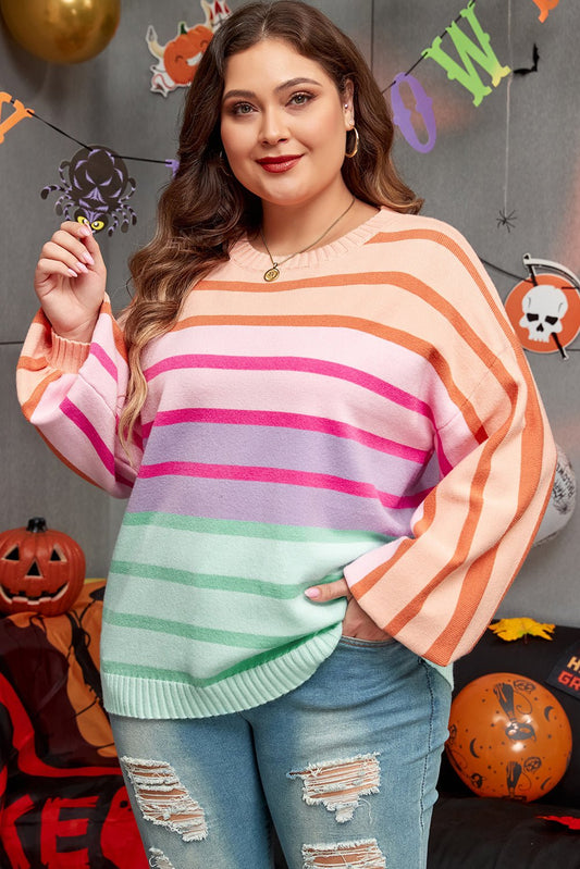 Pink Stripe Color Block Balloon Sleeve Crewneck Plus Size Sweater - Loving It Shop