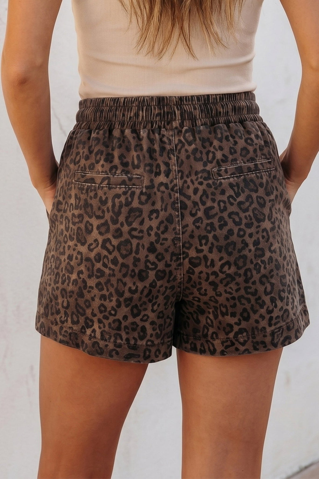 Brown Leopard Print Elastic Waistband Drawstring Denim Skort - Loving It Shop
