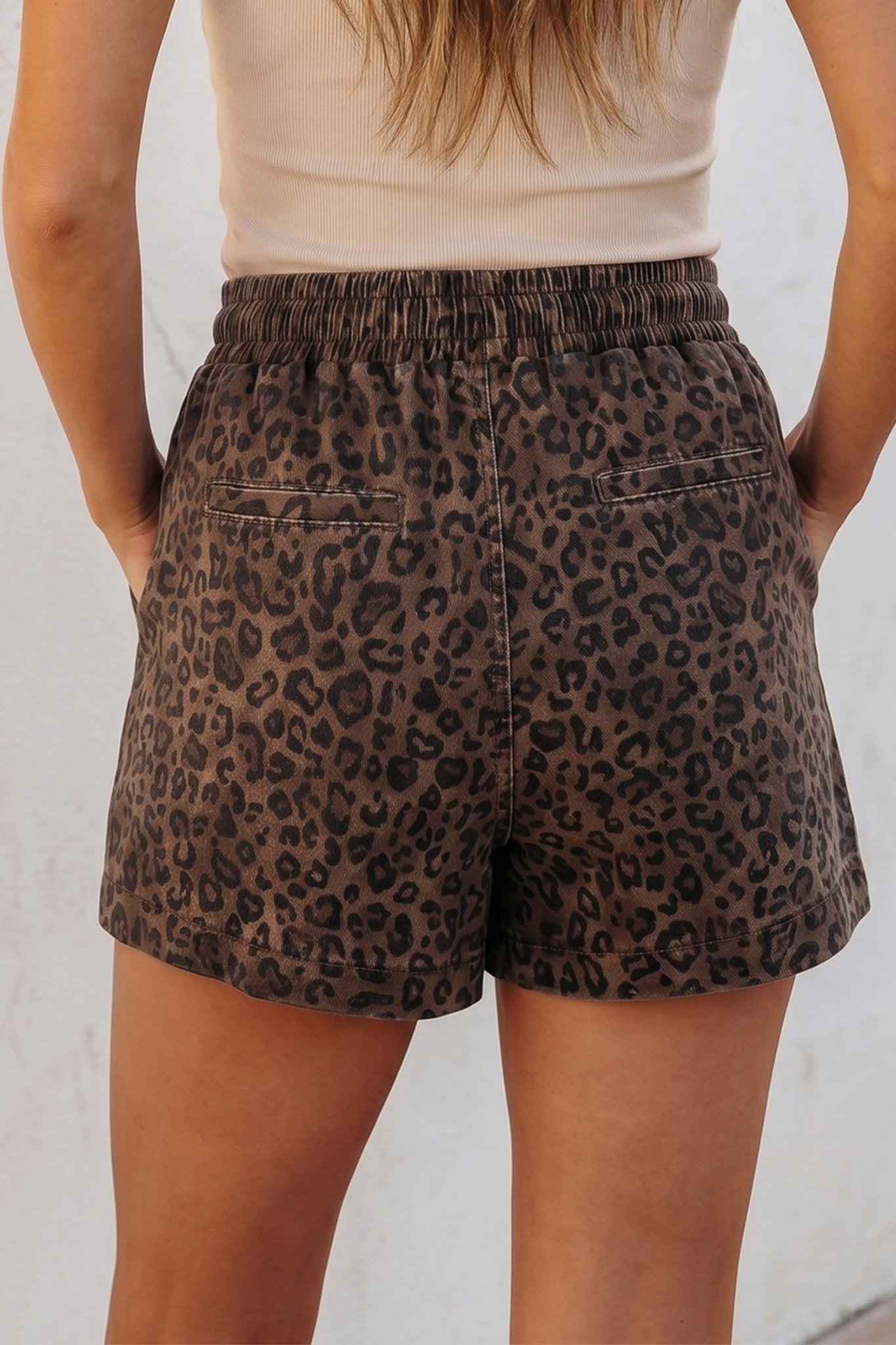 Brown Leopard Print Elastic Waistband Drawstring Denim Skort - Loving It Shop