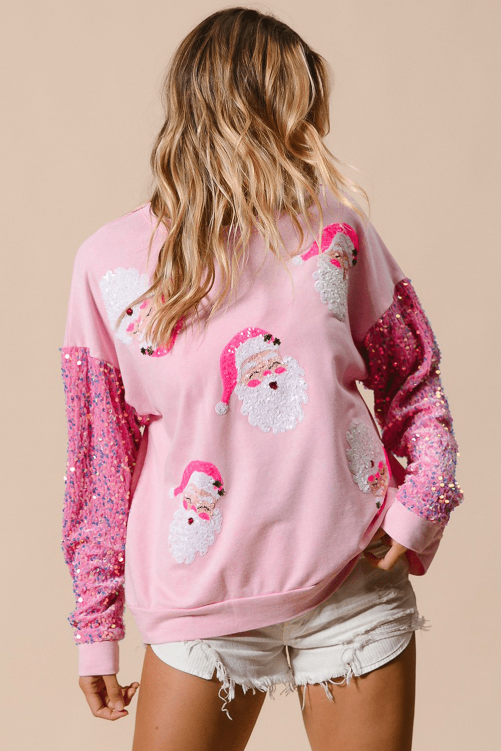 Pink Sequined Santa Claus Long Sleeve Christmas Sweatshirt - Loving It Shop
