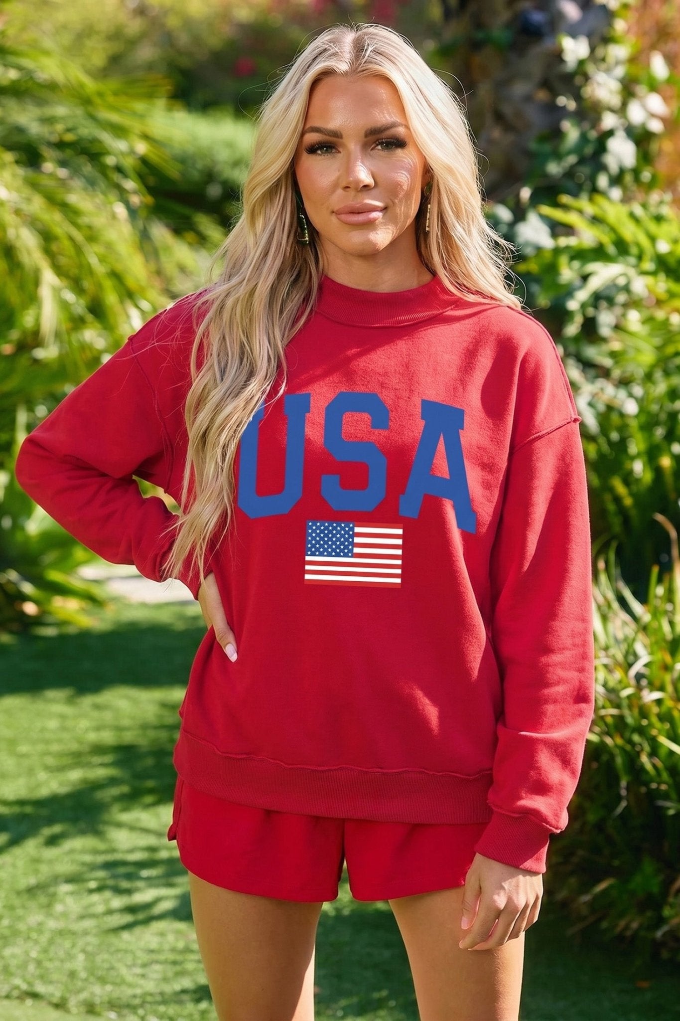 Racing Red Mock Neck Reversible USA/America Graphic Sweatshirt - Loving It Shop