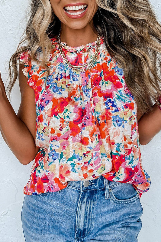 Red Frilled Neck Pleated Boho Floral Tank Top - Loving It Shop