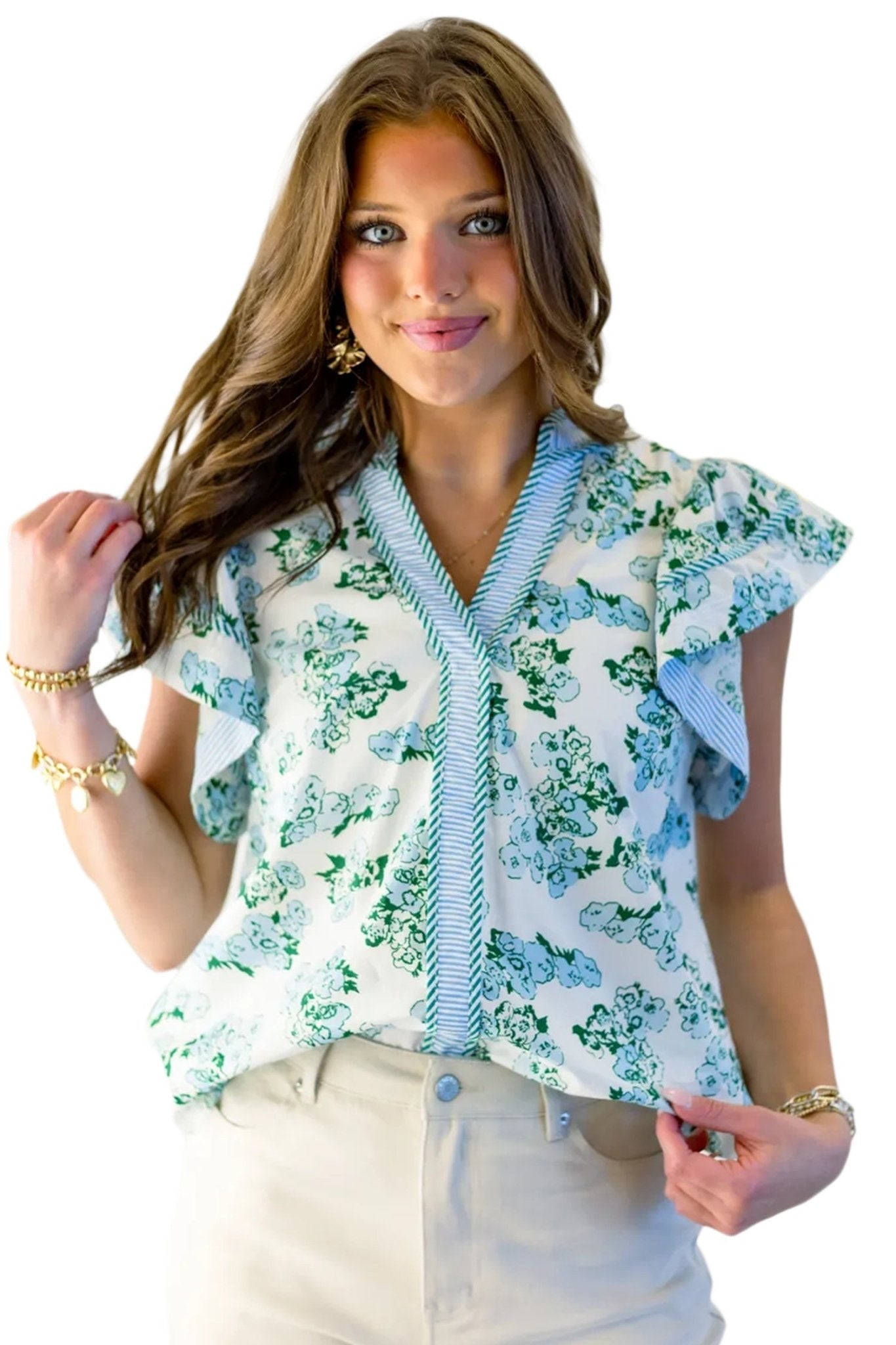 Green Floral Meets Stripes V Neck Flutter Sleeve Blouse - Loving It Shop