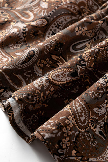 Brown Paisley Print Half Buttons Puff Sleeve Flowy Short Dress