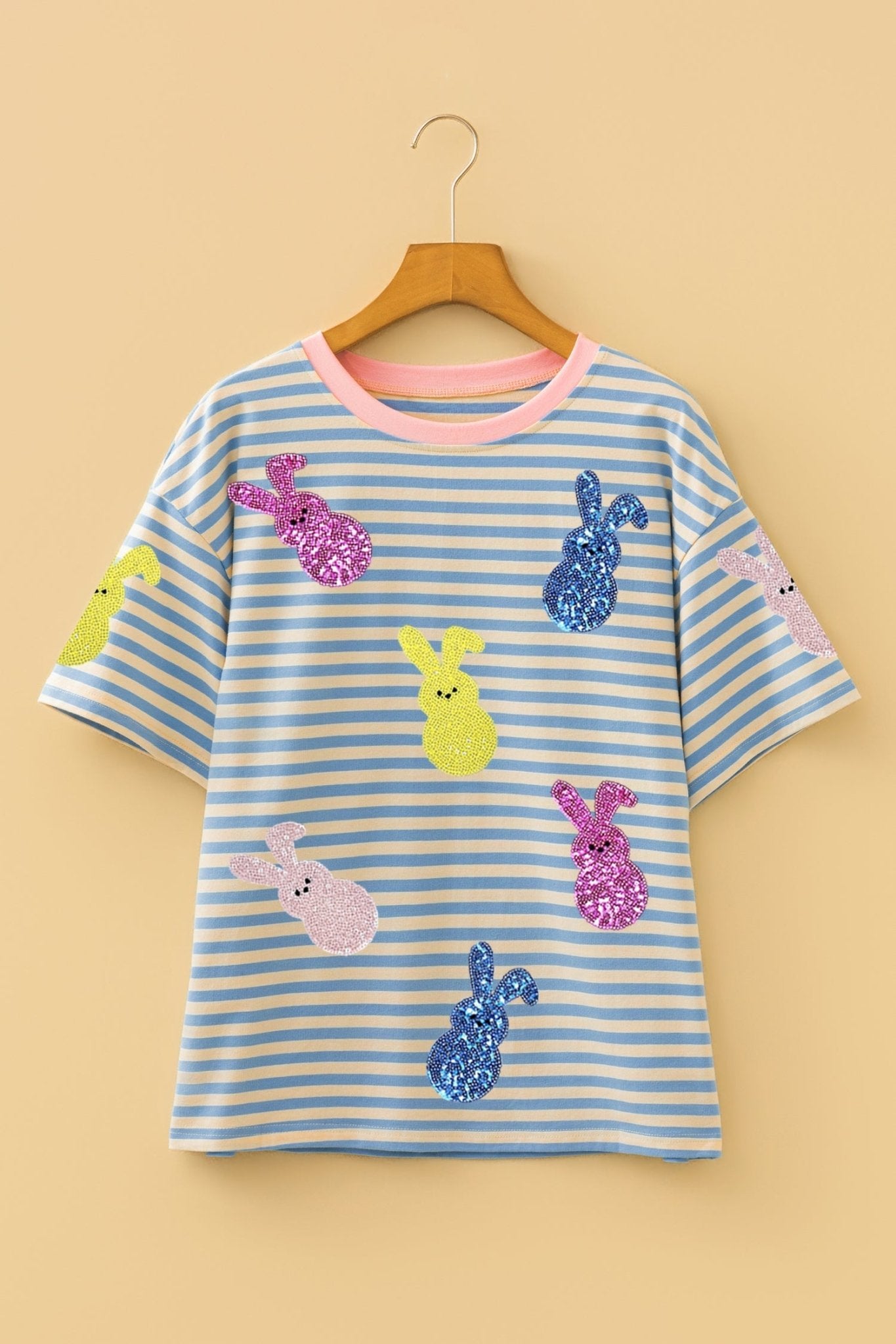 Sky Blue Stripe Sequin Easter Bunny Patched Drop Shoulder Tee - Loving It Shop