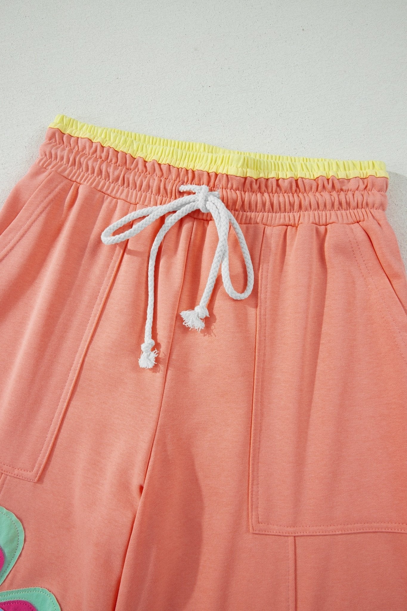 Grapefruit Orange Color Block Flower Patchwork Drawstring Contrasted Elastic Waist Wide Leg Pants - Loving It Shop