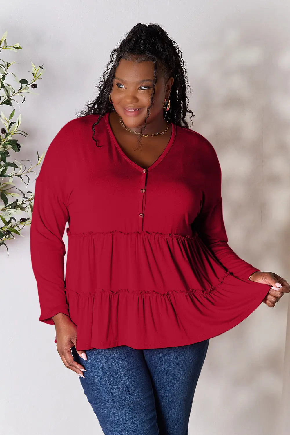 I am a Fashion Junky Take Half Button Long Sleeve Ruffle Hem Blouse