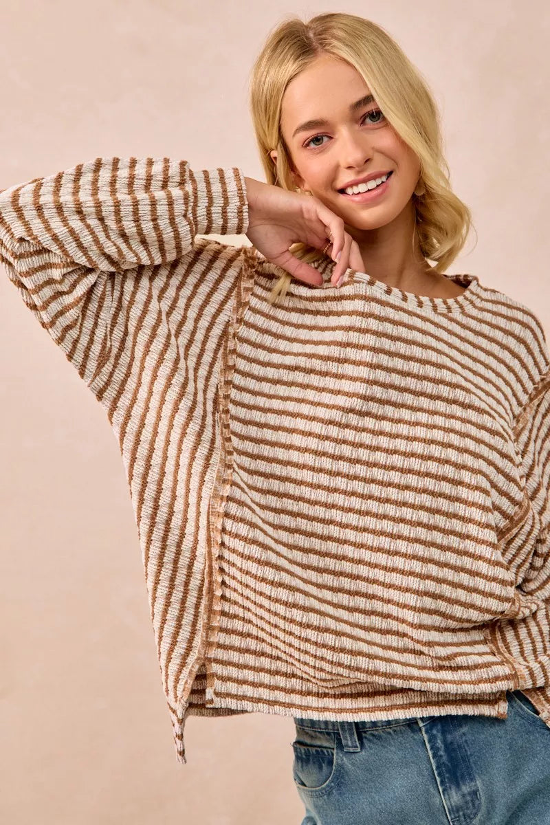Open Seam Detail Textured Stripe Knit Top
