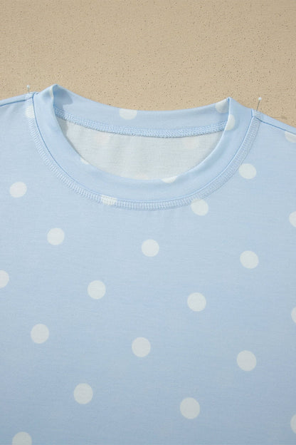 Sky Blue Exposed Seam Detail Polka Dot Loose Tee Drawstring Shorts Set - Loving It Shop