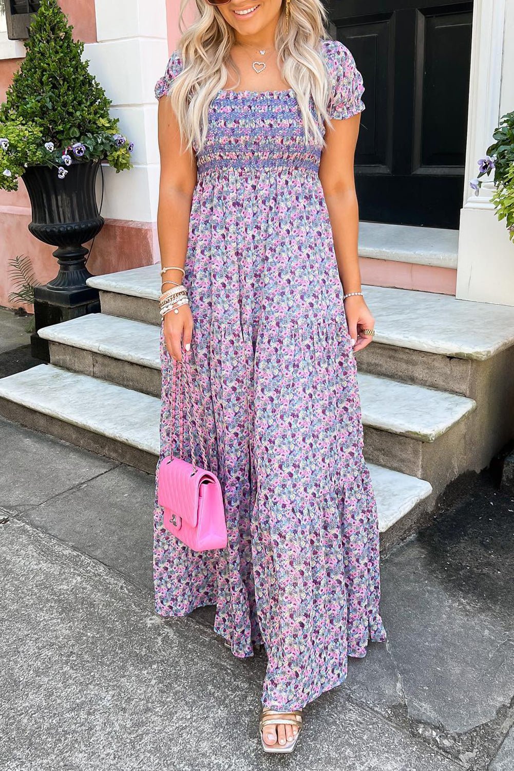 Purple Floral Short Bubble Sleeve Shirred High Waist Maxi Dress - Loving It Shop