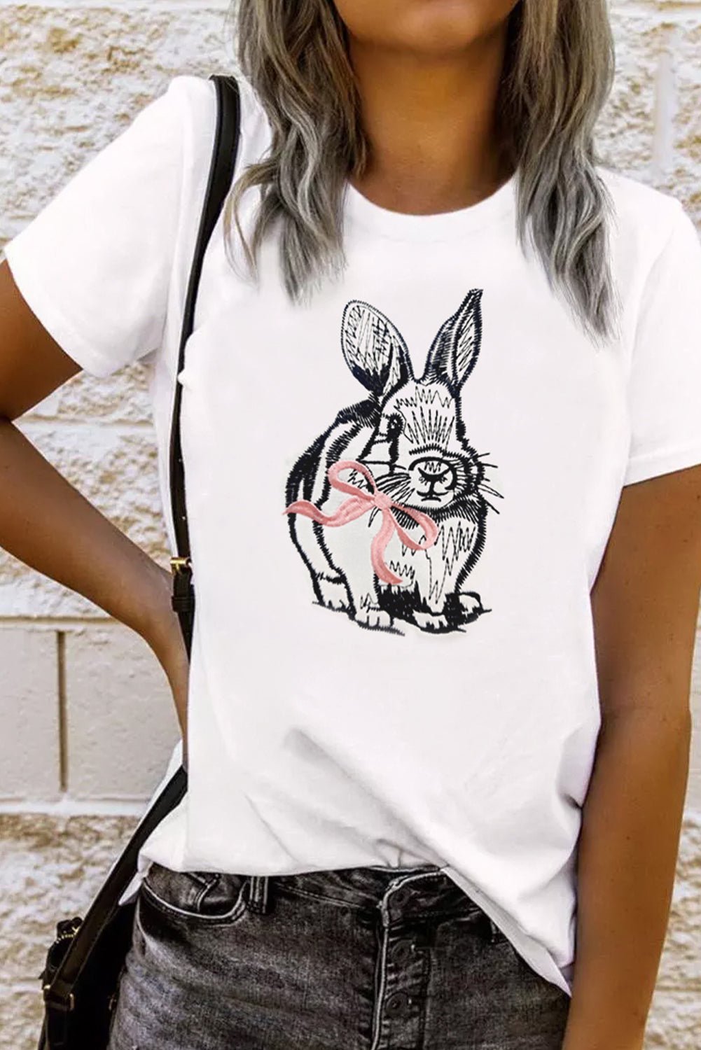 White Bunny Embroidered Bow Graphic Tee - Loving It Shop