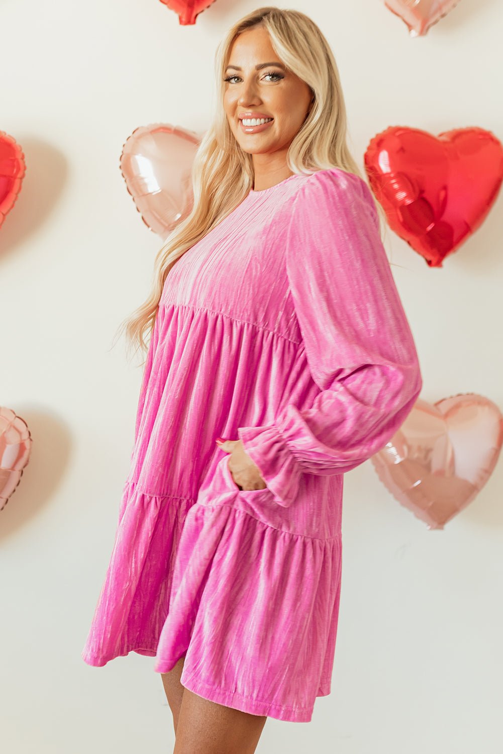 Strawberry Pink Flounce Sleeve Tiered Ruffled Velvet Mini Dress - Loving It Shop