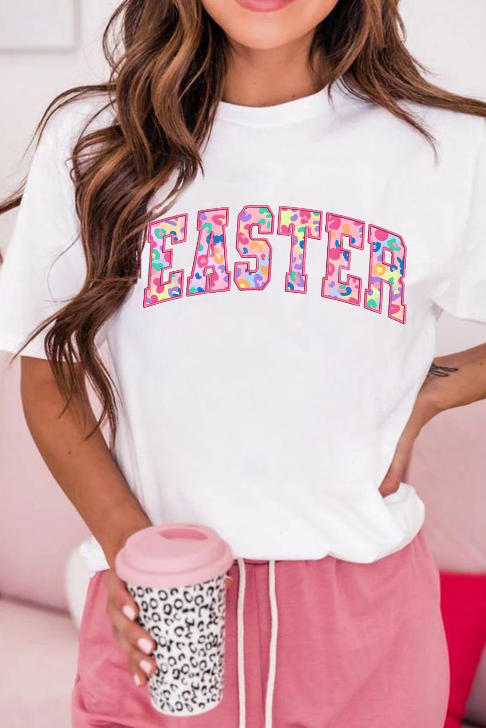 White Cheerful Leopard EASTER Letter Graphic Tee - Loving It Shop