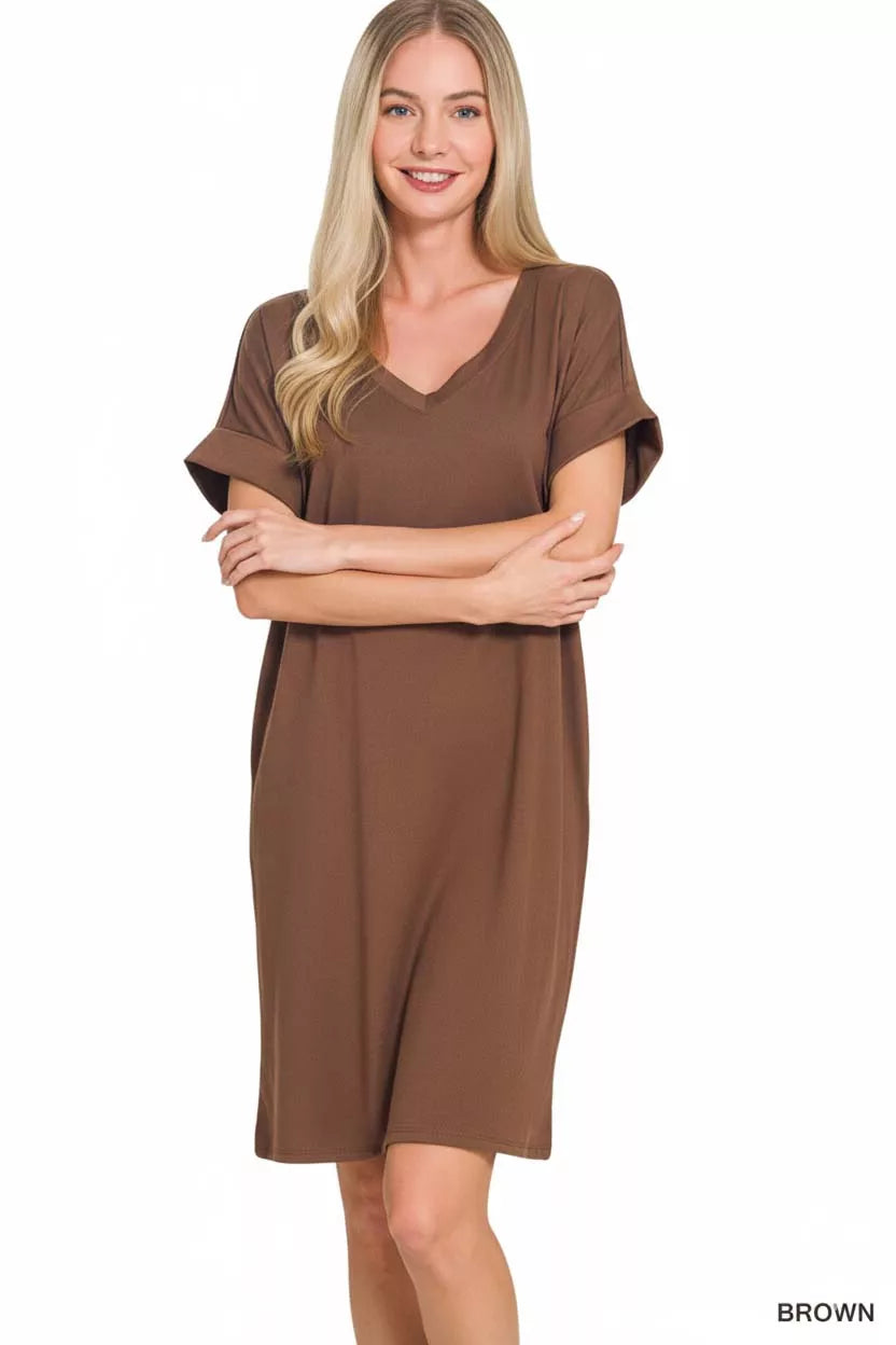 Brushed Dty Rolled Short Sleeve V-Neck Dress