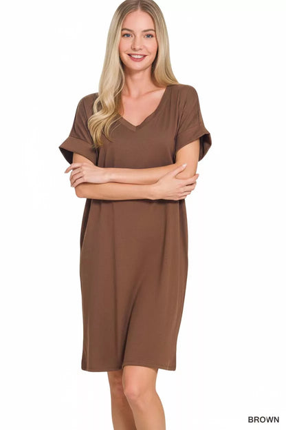 Brushed Dty Rolled Short Sleeve V-Neck Dress