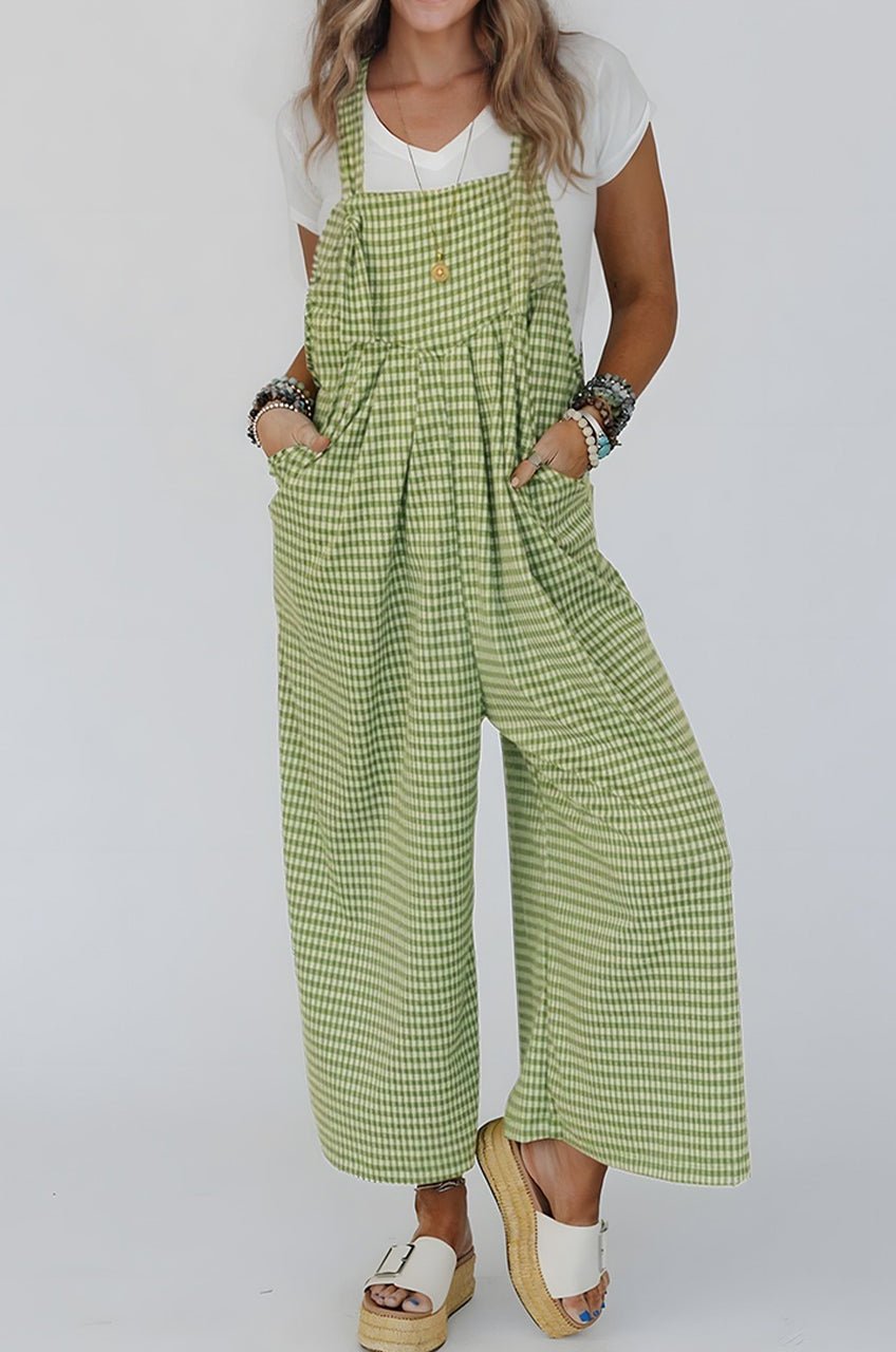 Green Gingham Wide Leg Loose Overall with Pockets - Loving It Shop