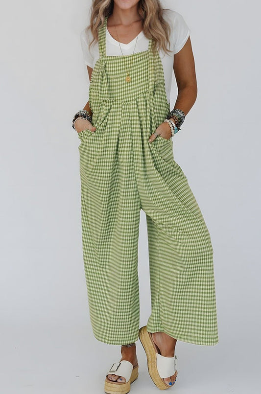 Green Gingham Wide Leg Loose Overall with Pockets - Loving It Shop