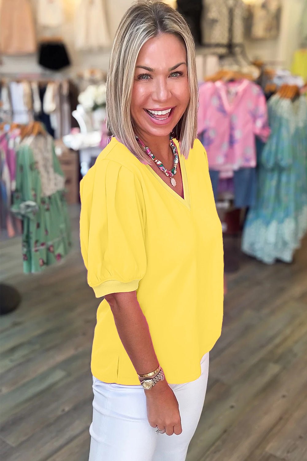 Yellow Solid Color V Neck Short Puff Sleeve Blouse - Loving It Shop