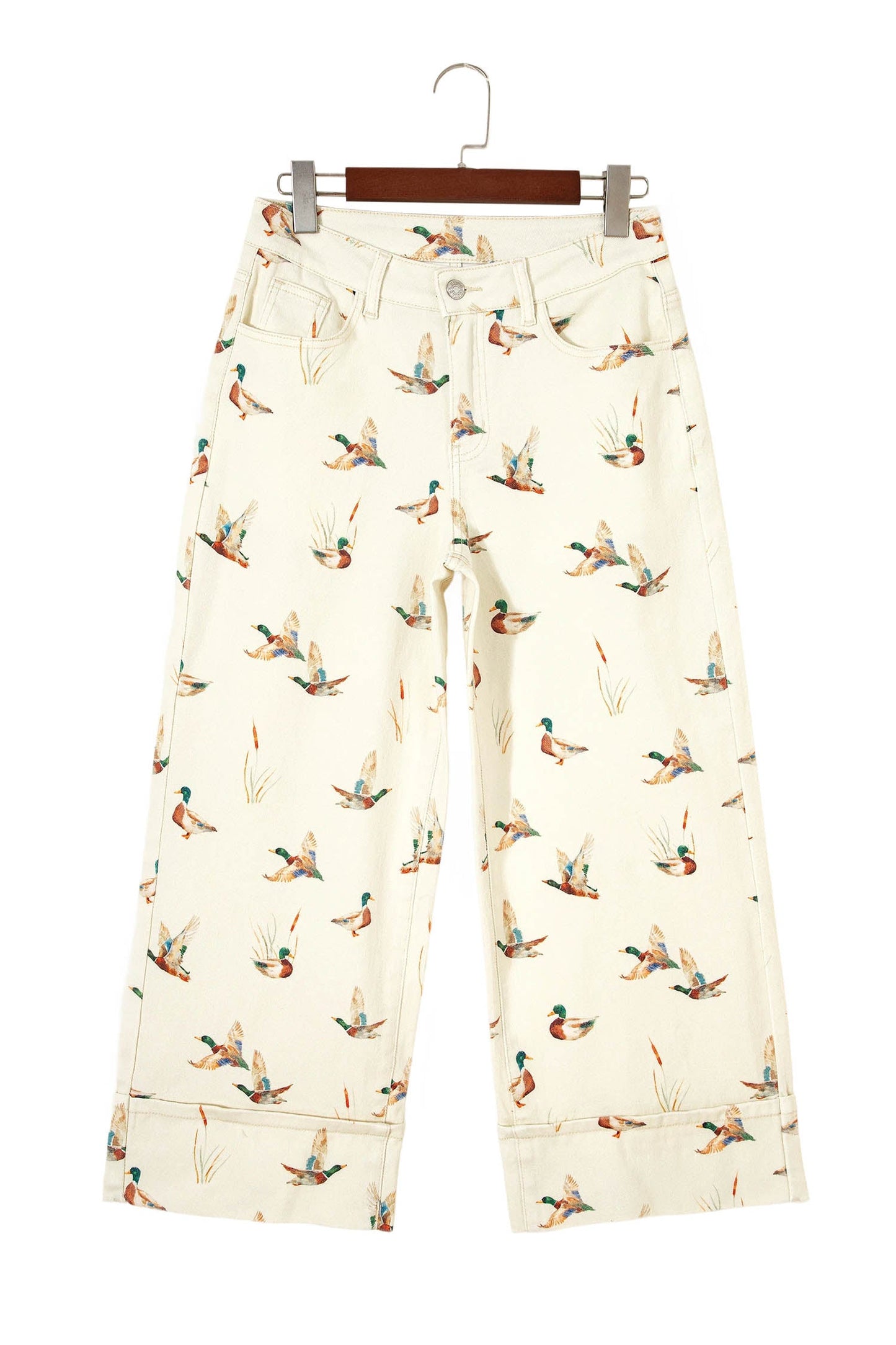 Beige Stylish Mallard Printed Cuffed Hem Shift Jeans - Loving It Shop