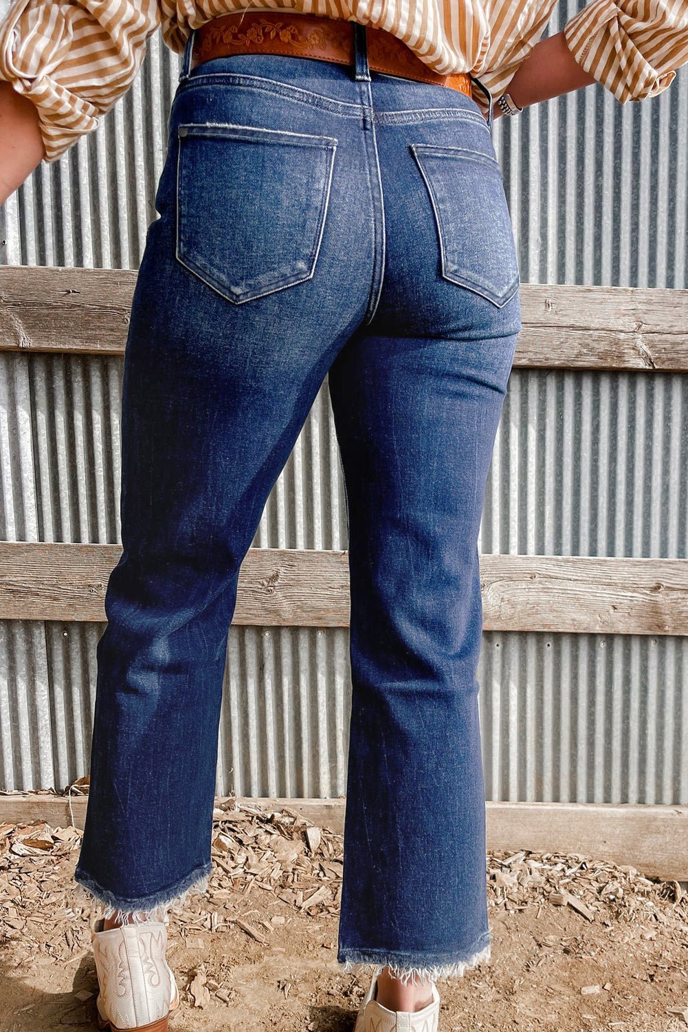 Sail Blue Mineral Wash Raw Hem High Waist Flared Jeans - Loving It Shop