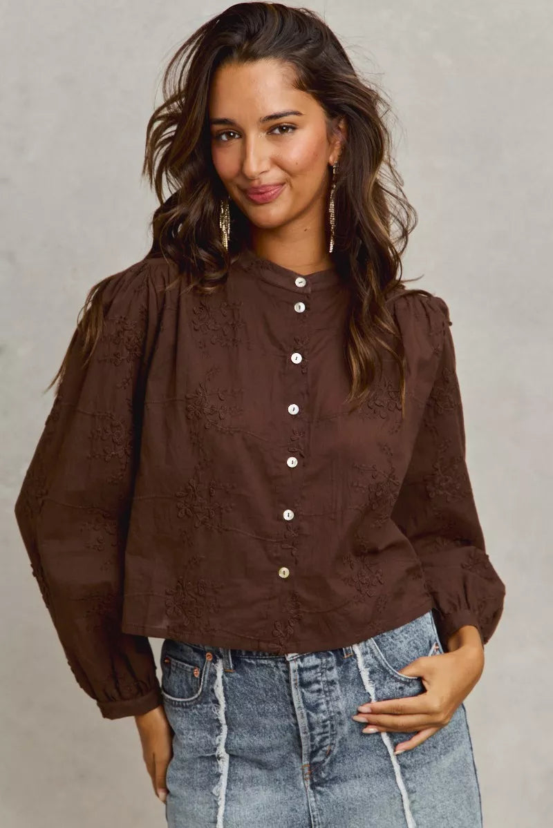 3d Floral Woven Long Sleeve Front Button Shirt