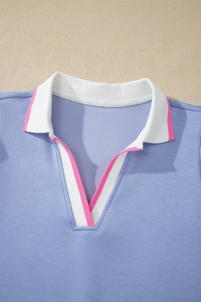Sky Blue Preppy Striped Trim V Neck Polo Tee Drawstring Skirt Set - Loving It Shop