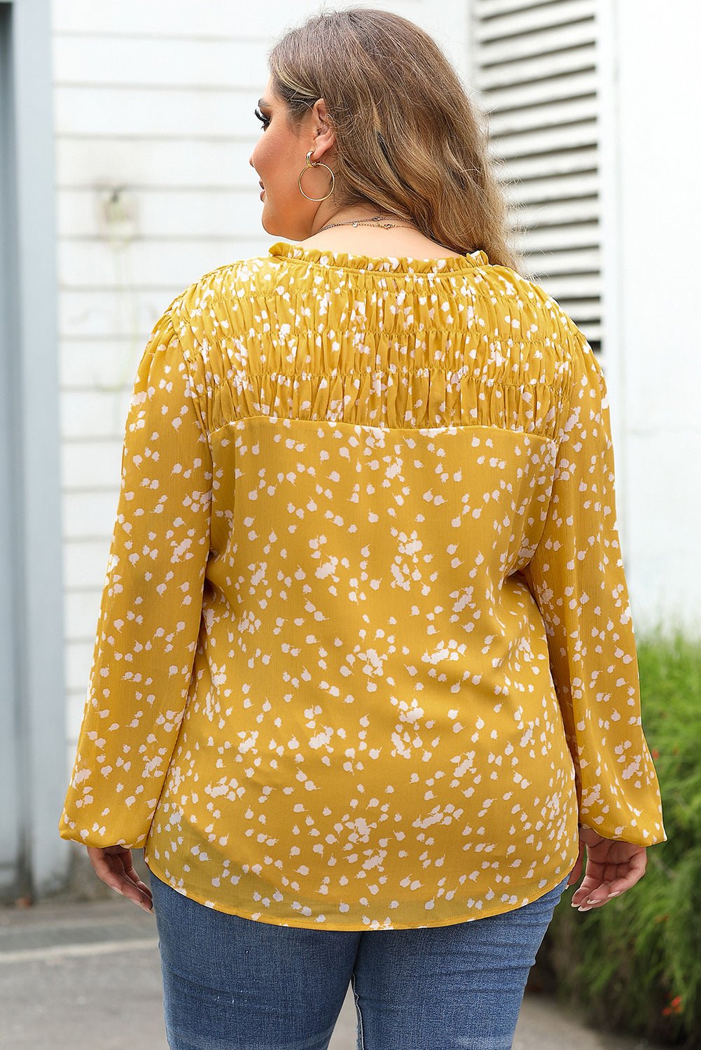 Yellow Plus Size Floral Print Ruched Split Neck Blouse - Loving It Shop