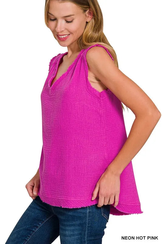 Double Gauze Raw Edge V-Neck Tank