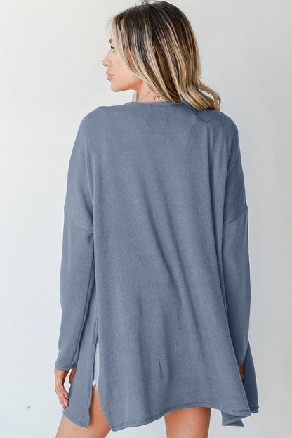 Solid Color Rib Knit Open Front Tunic Cardigan