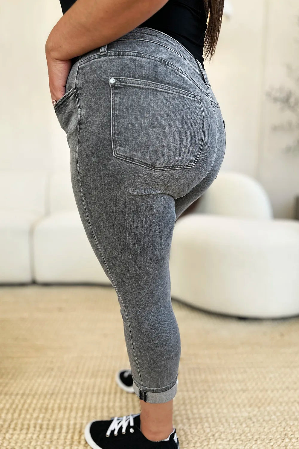 Full Size Button Fly High Waist Cuffed Capris
