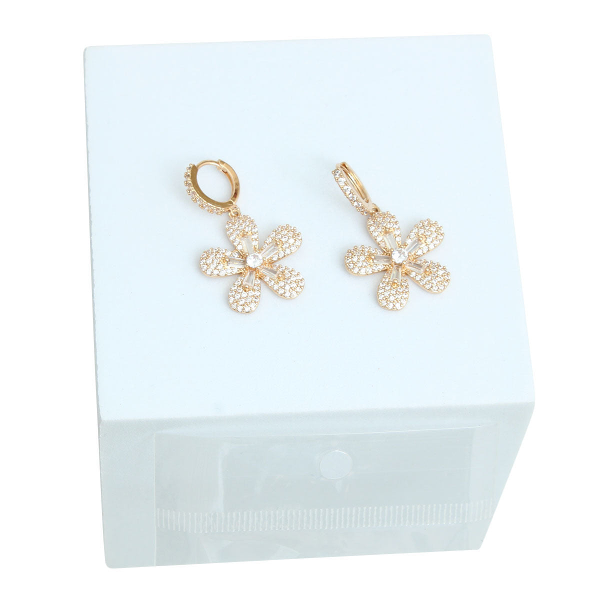 Huggie Hoop Earrings 14k Gold Plated CZ Flower Stylish Chic Jewelry