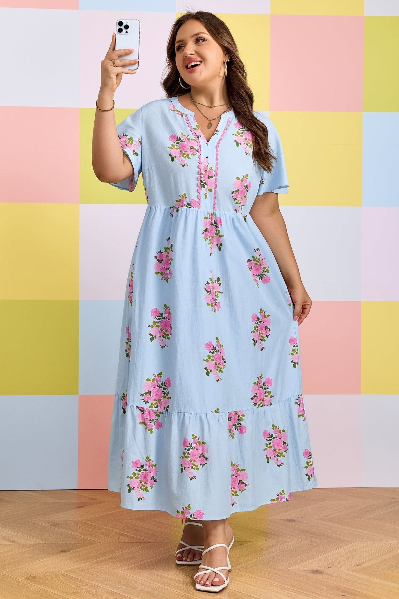 Sky Blue Plus Size Floral Print Scalloped Trim V - Neck Dress - Loving It Shop