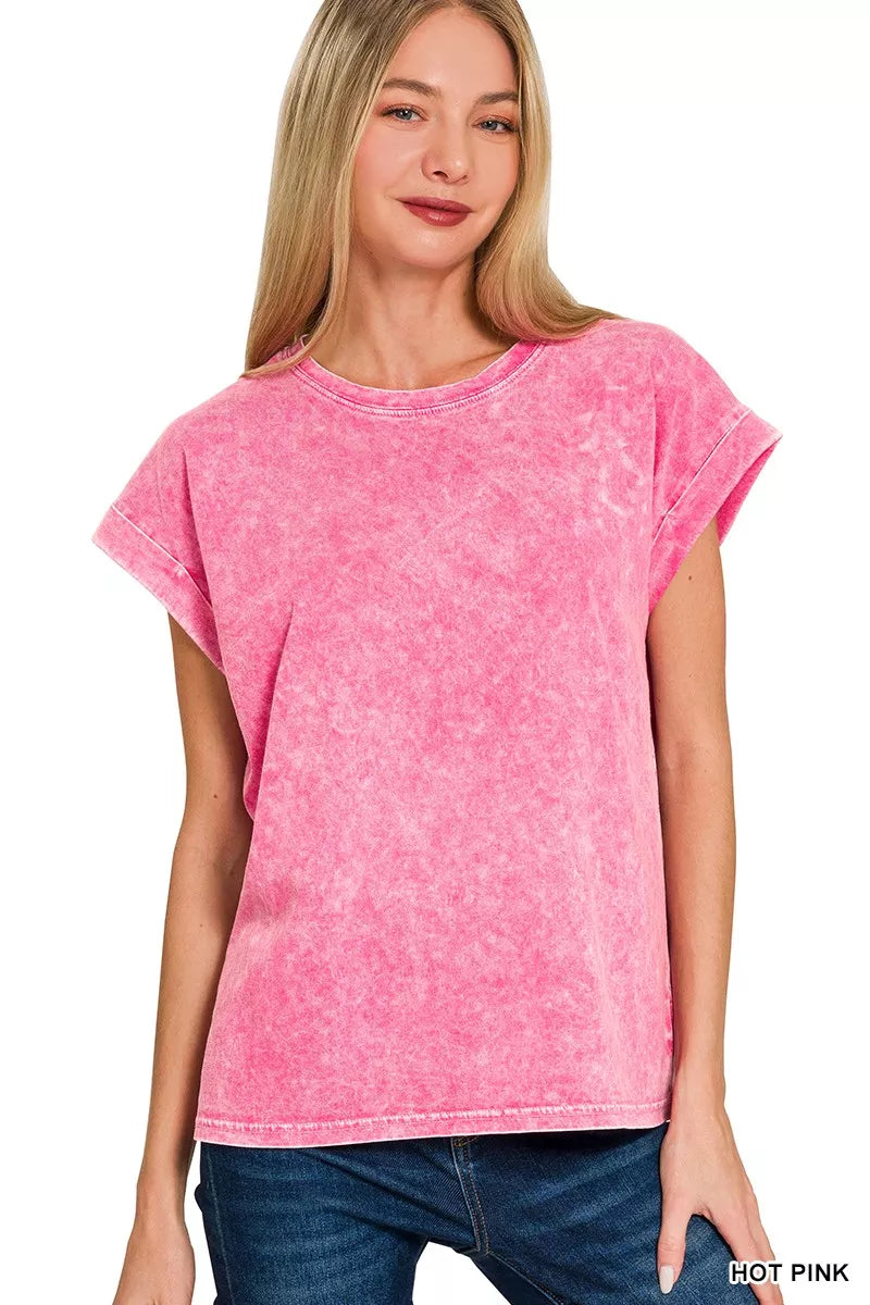 Zenana Halo Washed Cuffed Short Sleeve Tee