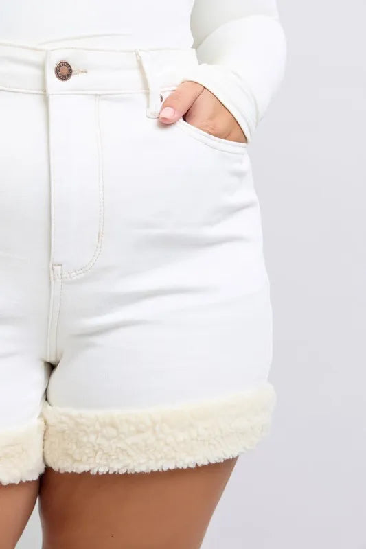 Full Size High Waist Shearling Cuff Denim Shorts Plus Size
