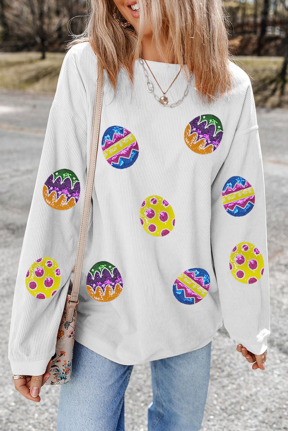 White Easter Egg Corded Oversized Sweatshirt - Loving It Shop