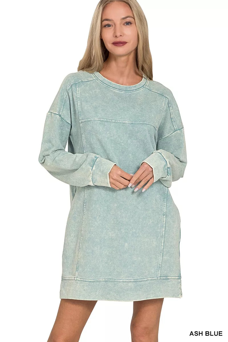 French Terry Acid Washed Dress with Pockets