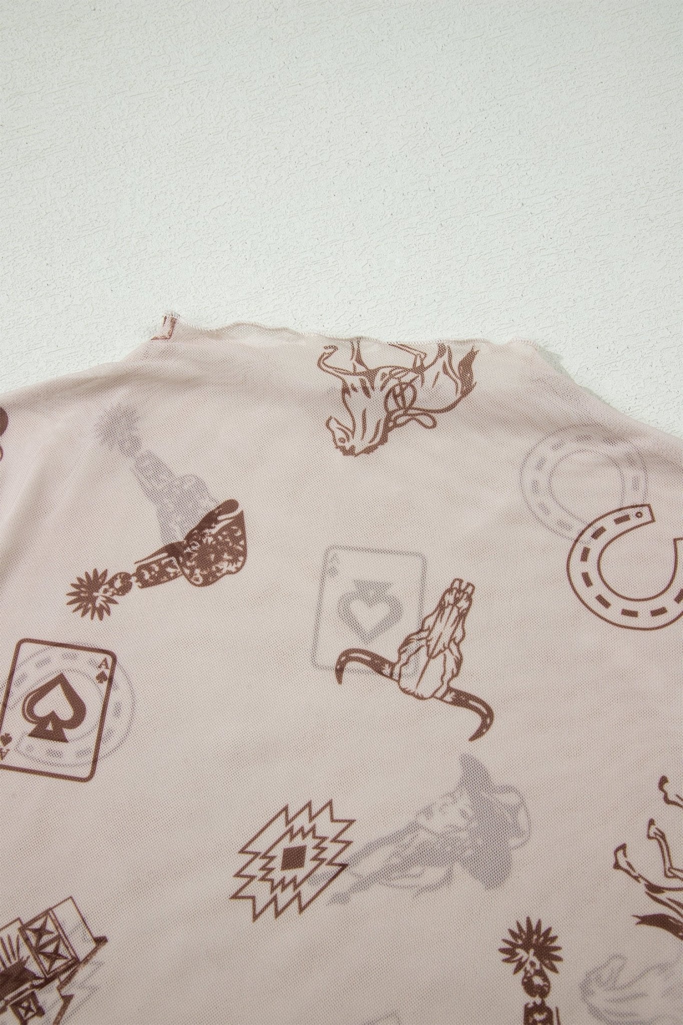 Oatmeal Western Printed Mesh Short Sleeve Top - Loving It Shop