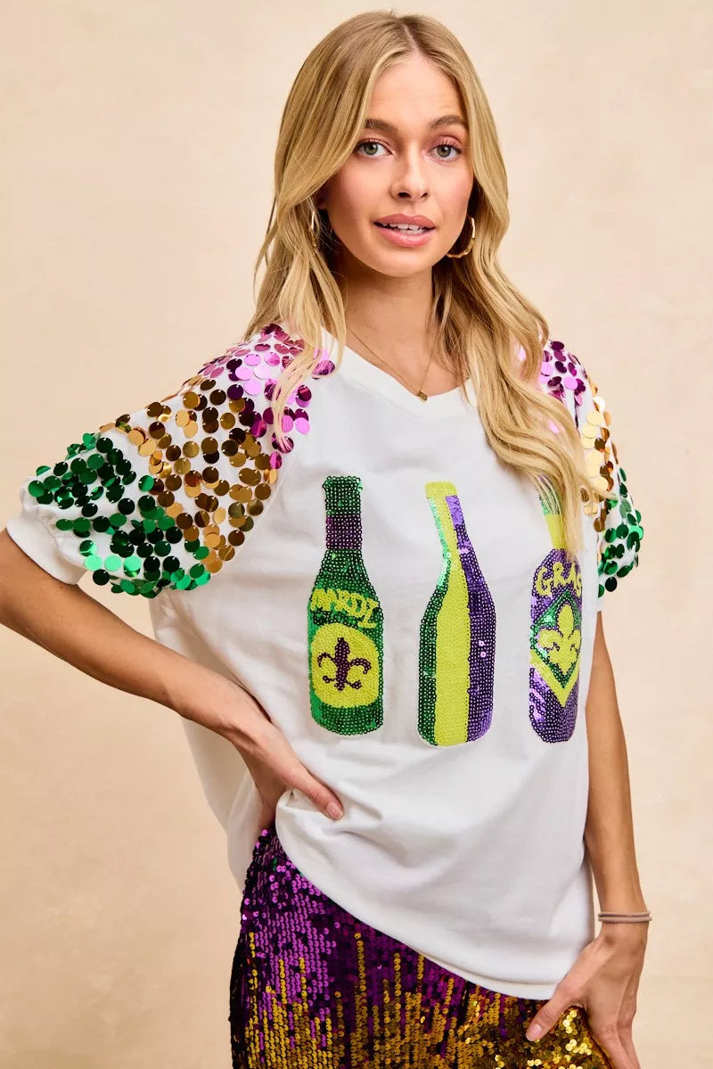Sequin Mardi Gras Bottles Spangled Sleeve Top