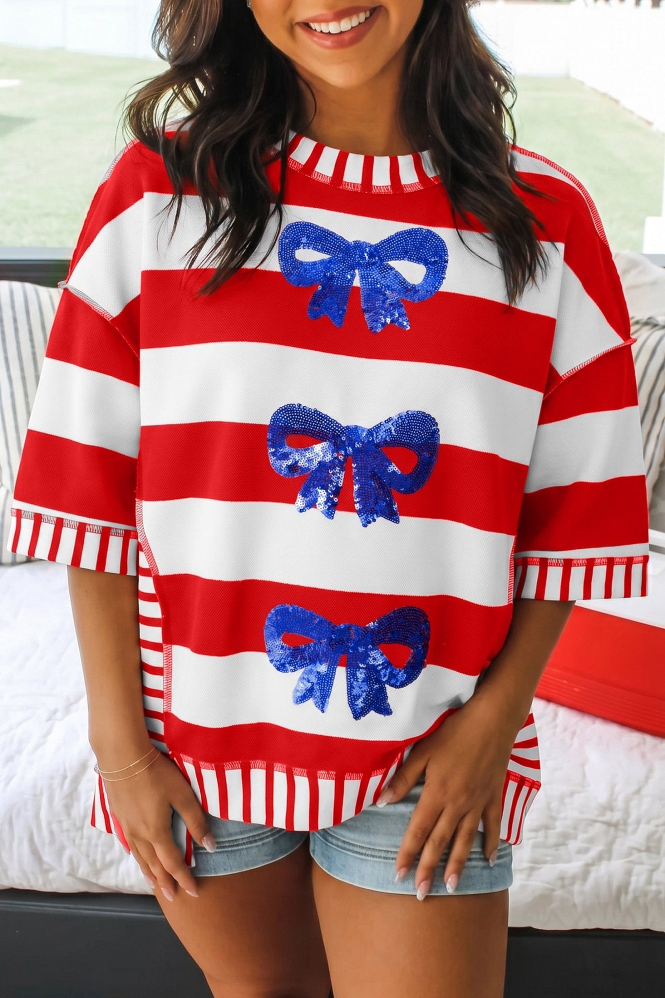 Red Stripe Sequin Bow Patriotic Half Sleeve Top - Loving It Shop