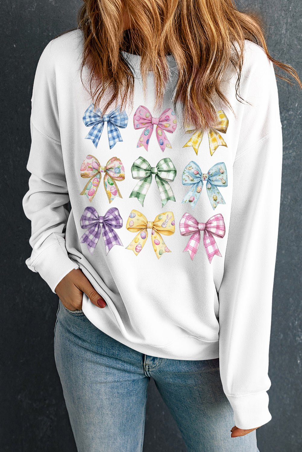 White Easter Eggs Plaid Bow Graphic Drop Shoulder Sweatshirt - Loving It Shop