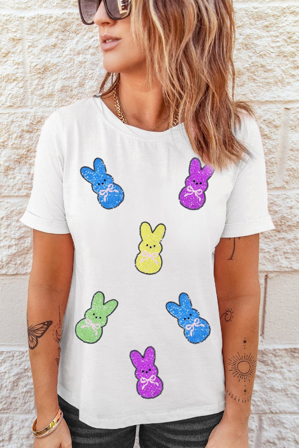 White Sequin Bow Bunny Doll Patched Easter Graphic Tee - Loving It Shop